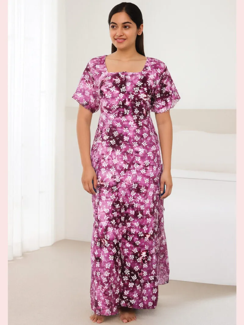 Women Cotton Nighty, Zipper, Fuchsia